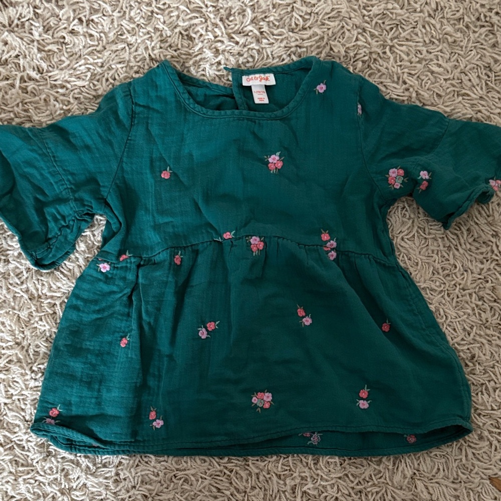 Cat & Jack Teal Blouse with Pink Floral Design